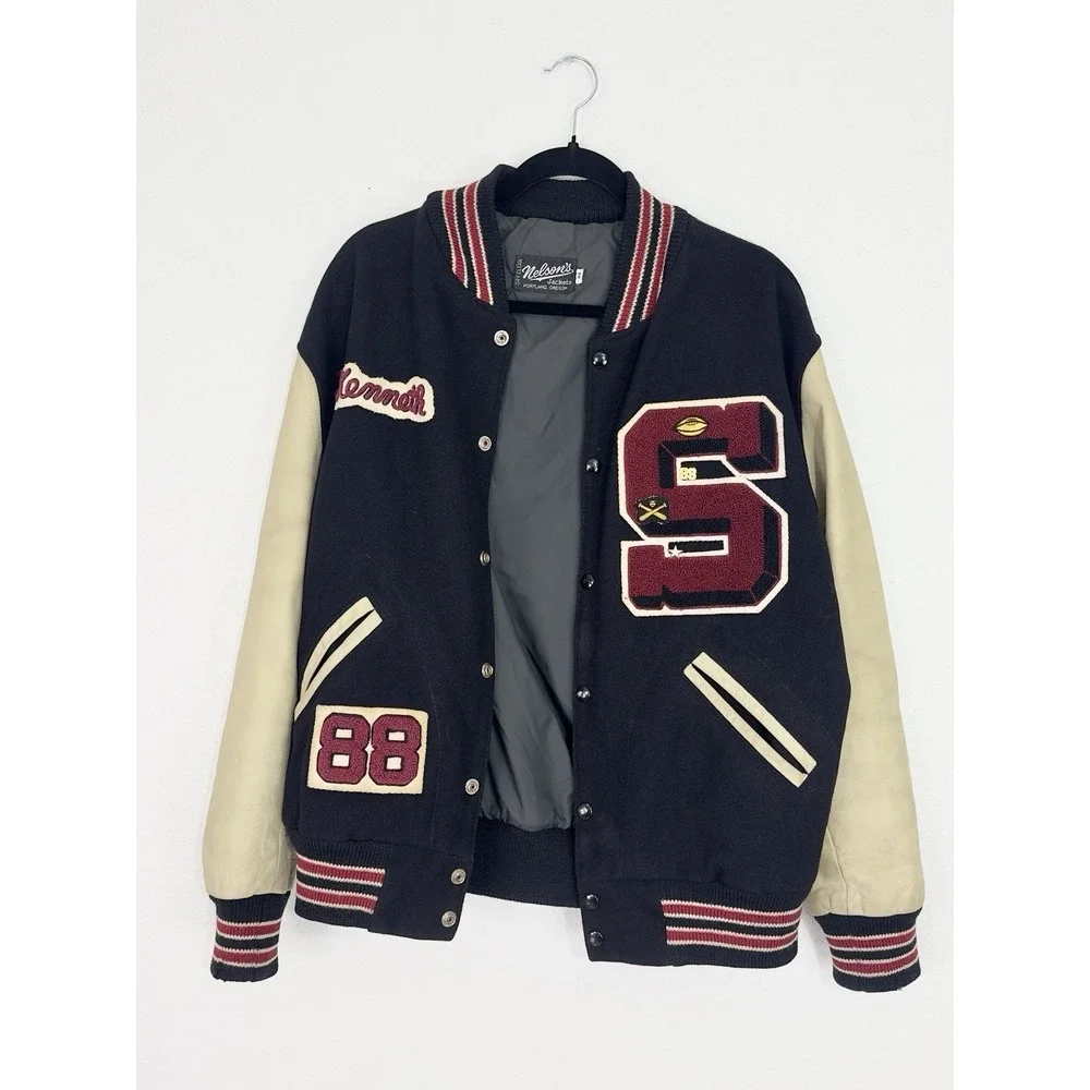 Nelson's Jackets Vintage Varsity Letterman Jacket Black Leather Wool Mens L 88s